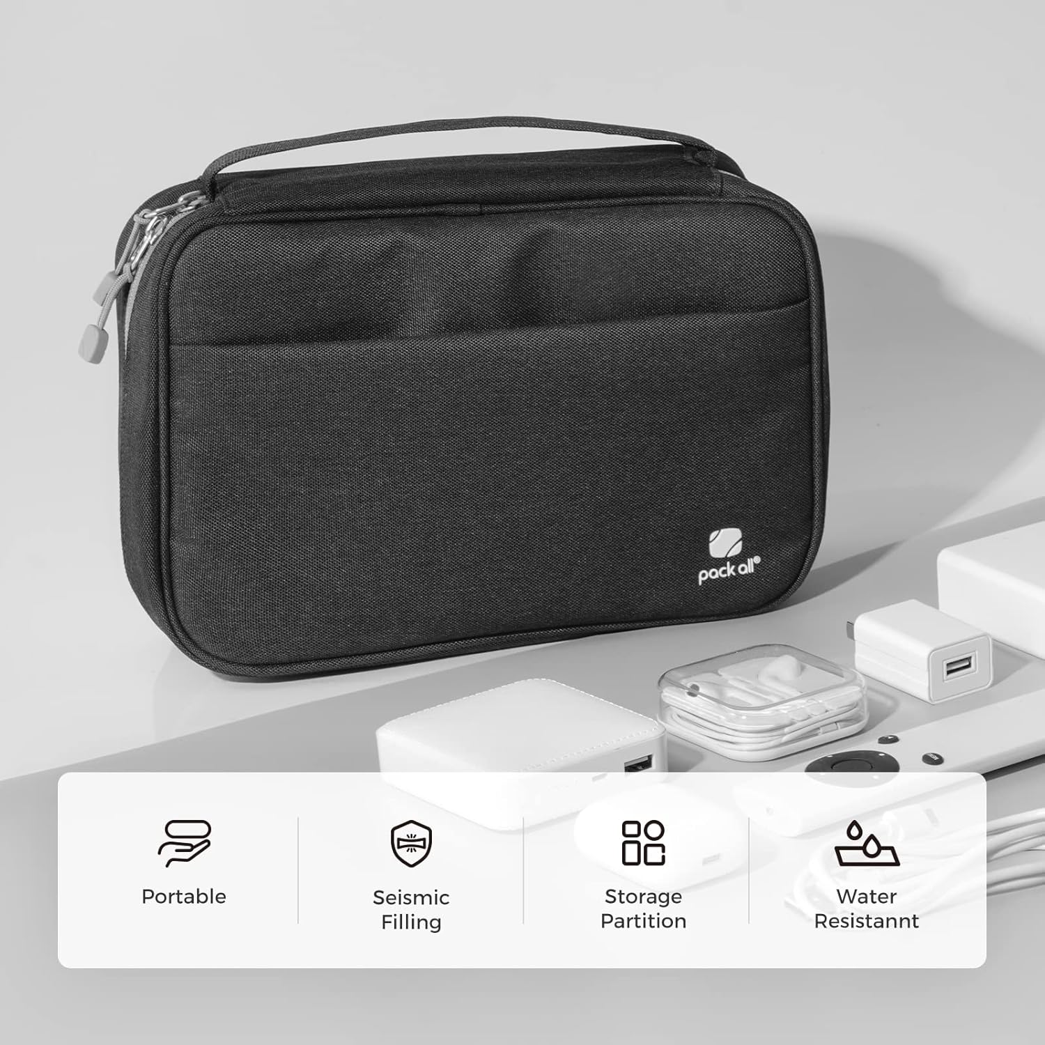 pack all Electronic Organizer Plus, Larger Capcity Cable Organizer Bag, Shockproof Carrying Case, Portable Cord Travel Organizer Storage Bag for Cables, Chargers, Phones, USB, SD Cards(Black)