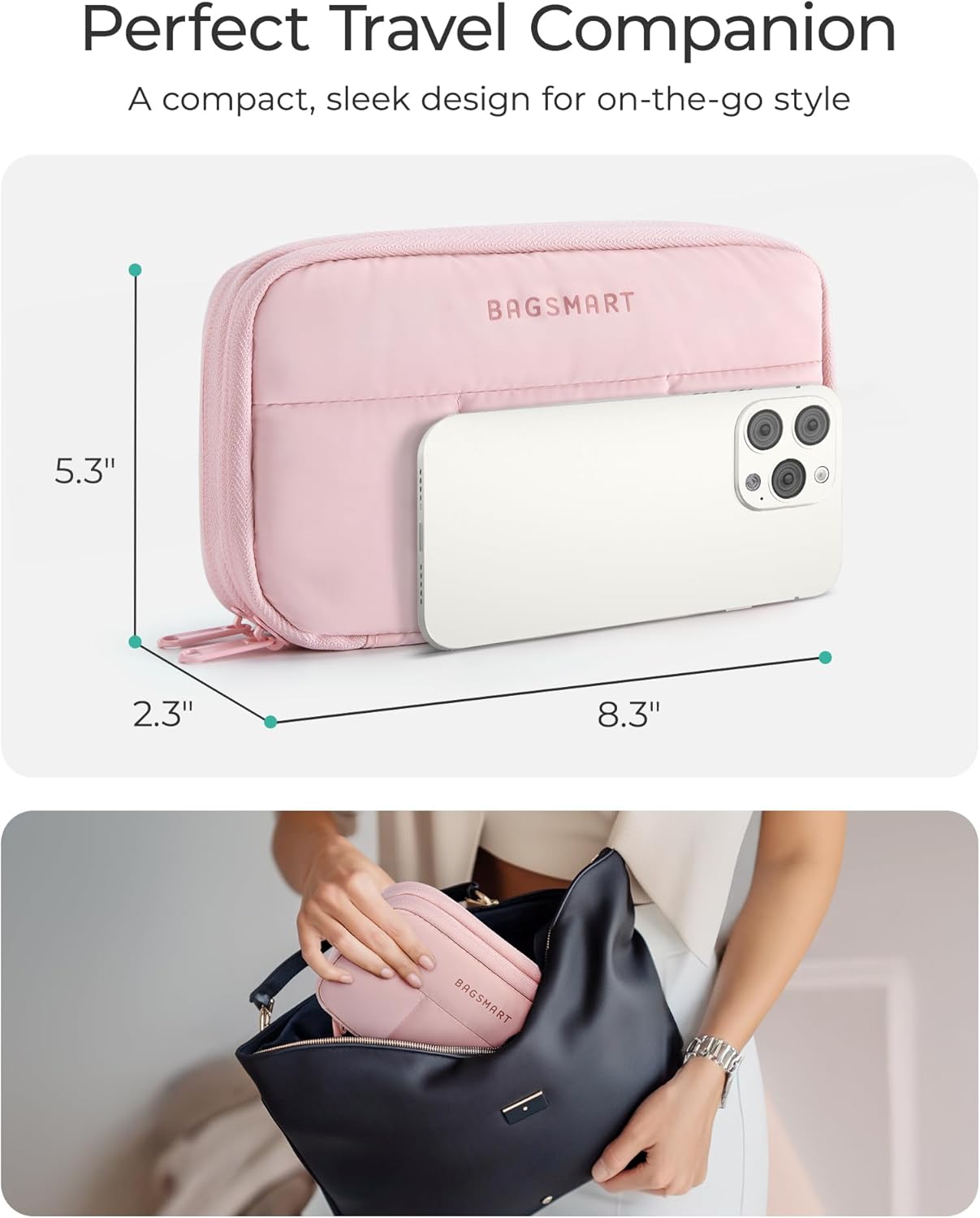 BAGSMART Electronics Organizer Travel Case, Cord Storage for Chargers Cables Phones, Compact Tech Accessories Pouch, Pink