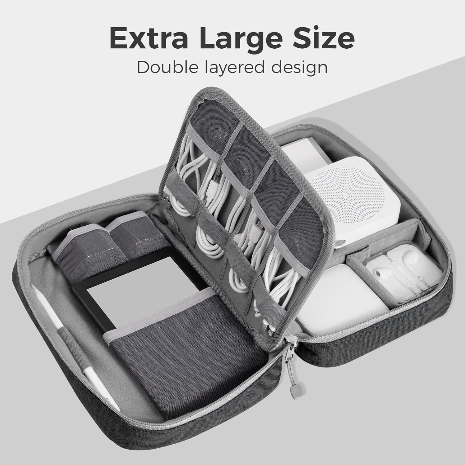 pack all Electronic Organizer Plus, Larger Capcity Cable Organizer Bag, Shockproof Carrying Case, Portable Cord Travel Organizer Storage Bag for Cables, Chargers, Phones, USB, SD Cards(Black)