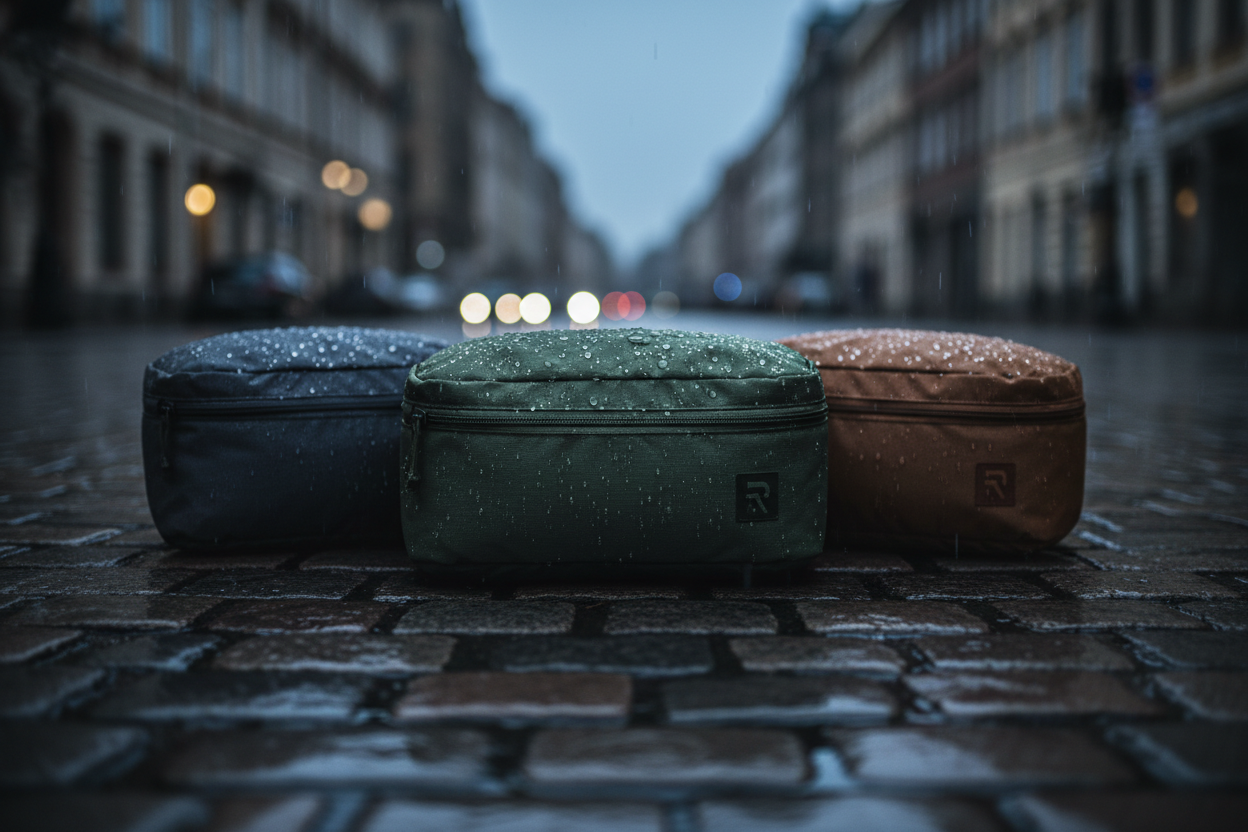Close-up of Rove Kit packing cubes on a rainy cobblestone street, water beading on the surface. Soft focus, moody travel atmosphere. Style: functional, atmospheric, real-world tested.