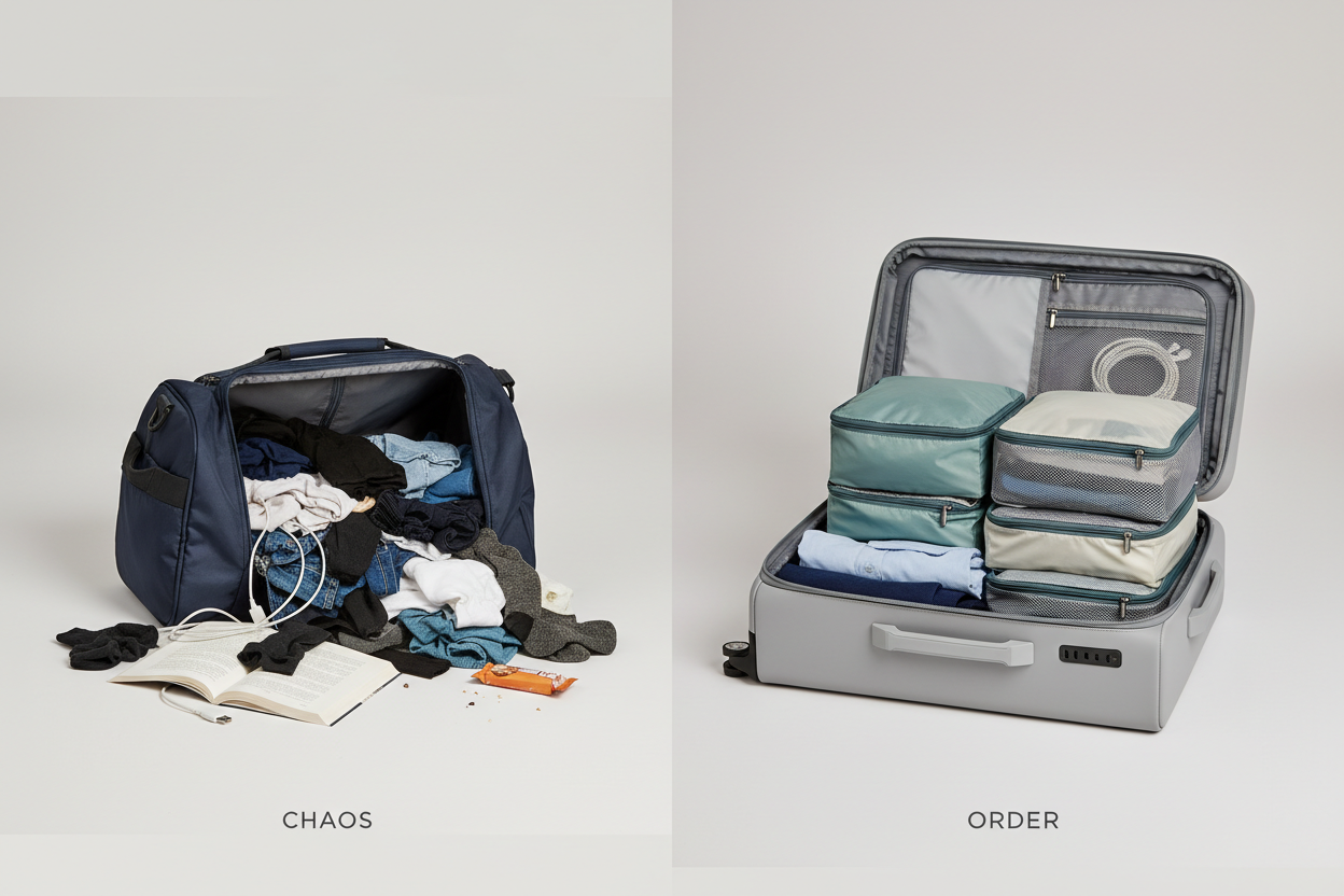 Side-by-side comparison: a cluttered generic travel bag vs. a clean Rove Kit carry-on with neatly packed cubes. Minimal styling, soft background. Style: honest, comparative, clarity-focused.